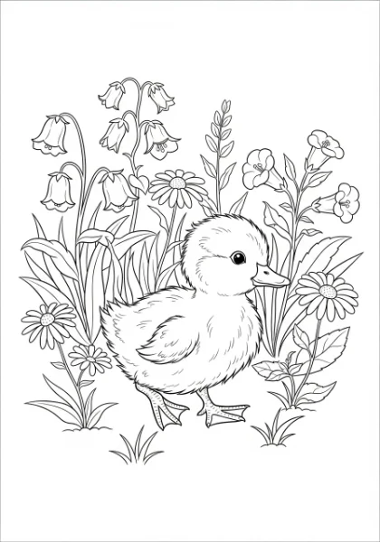 Get ready to color a fluffy duckling waddling through a beautiful field of colorful wildflowers! This printable coloring page is perfect for kids and adults who adore baby animals and nature scenes.