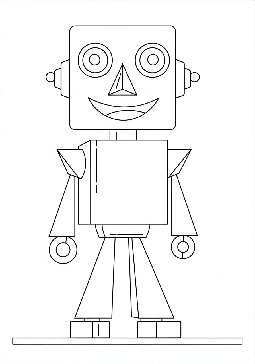 Color a friendly robot built entirely from fun geometric shapes like squares, circles, and triangles! This printable coloring page is a creative activity for all ages.