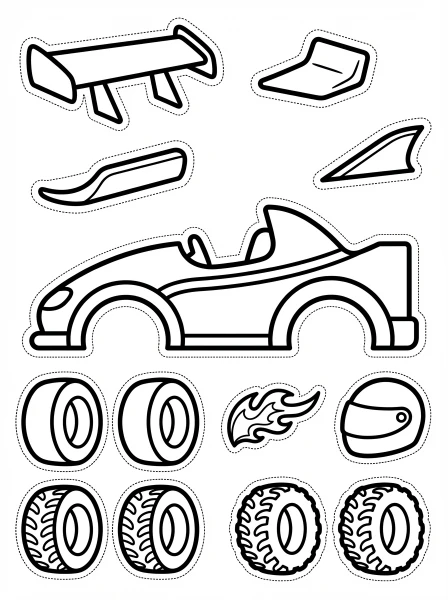 Get ready to design your ultimate racing machine with this fun printable activity! Kids can color, cut out, and customize a race car with different spoilers, wheels, and flames for endless creative play.