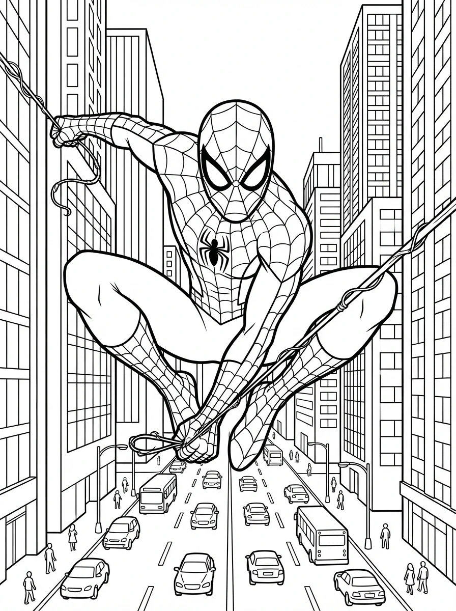 Download and print this exciting Spider-Man coloring page! Kids and adults can bring the web-slinging hero to life as he leaps over a bustling city street.