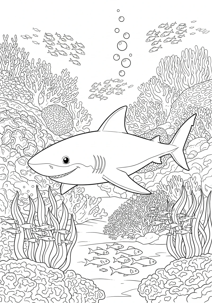 Dive into an underwater adventure with this friendly shark coloring page! Print and color a vibrant coral reef, tiny fish, and waving seaweed for hours of creative fun.