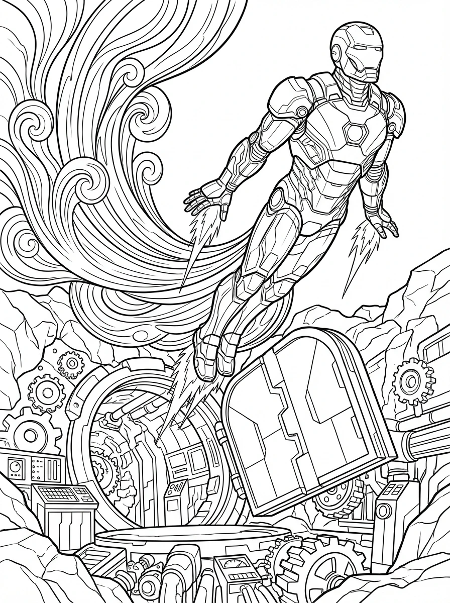 Download and print this exciting Iron Man coloring page! Watch as he blasts off from a secret base, leaving a trail of fiery exhaust. Perfect for fans of all ages to color.