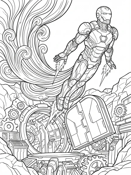Download and print this exciting Iron Man coloring page! Watch as he blasts off from a secret base, leaving a trail of fiery exhaust. Perfect for fans of all ages to color.