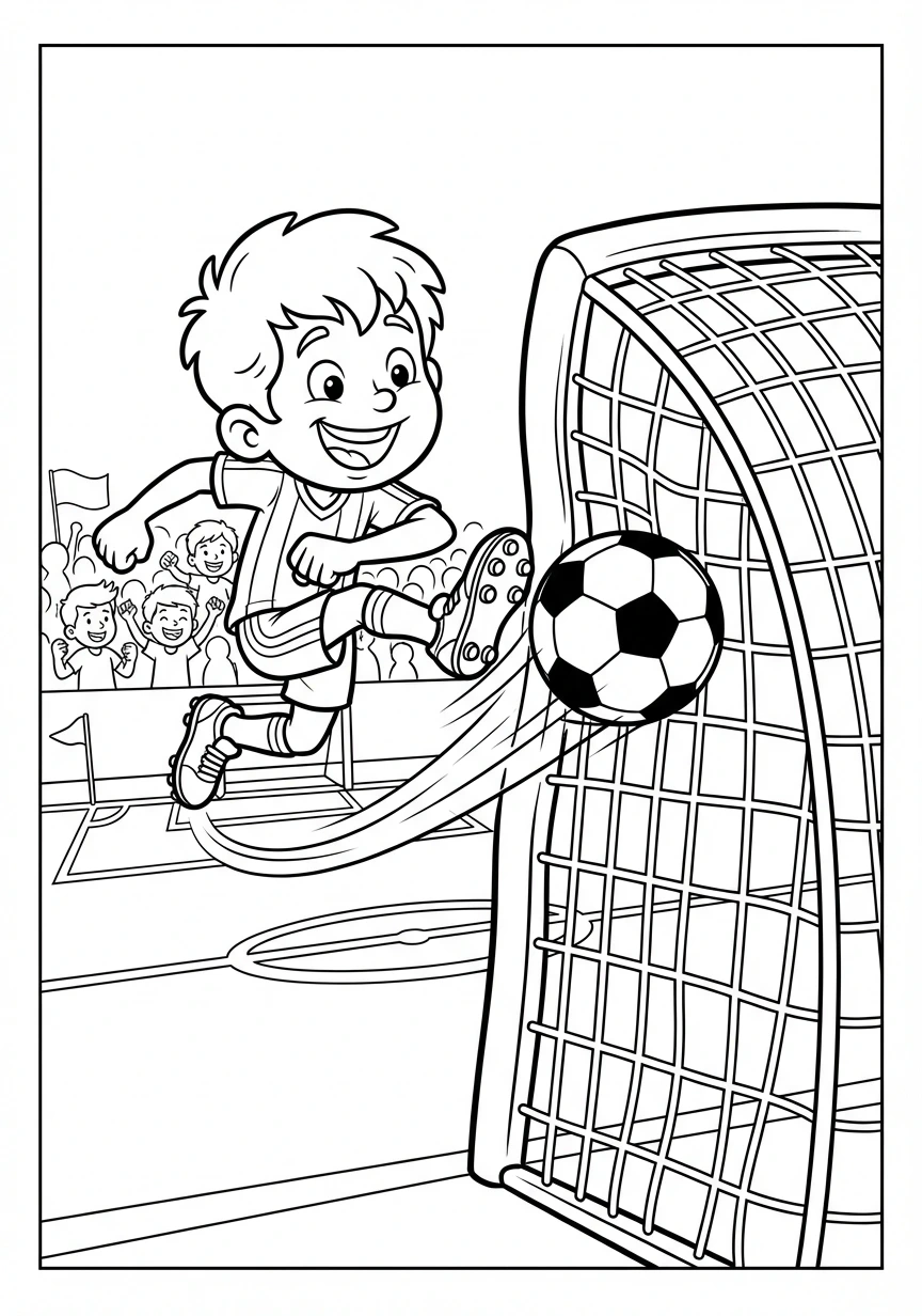 Get ready to score with this exciting coloring page featuring a cheerful soccer player in action, mid-kick! Print and color this fun scene as the ball soars towards the goal.
