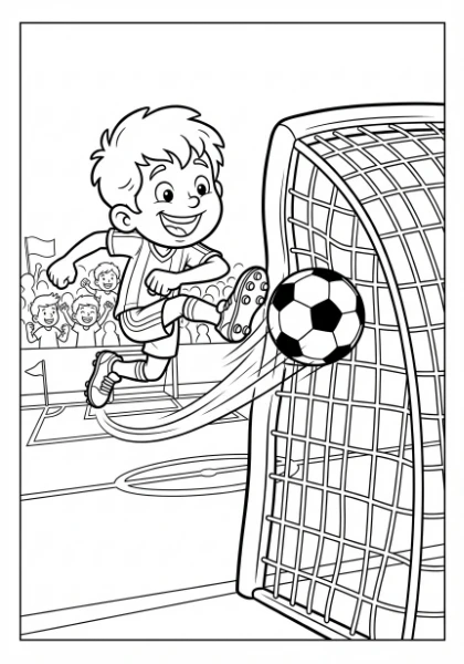 Get ready to score with this exciting coloring page featuring a cheerful soccer player in action, mid-kick! Print and color this fun scene as the ball soars towards the goal.