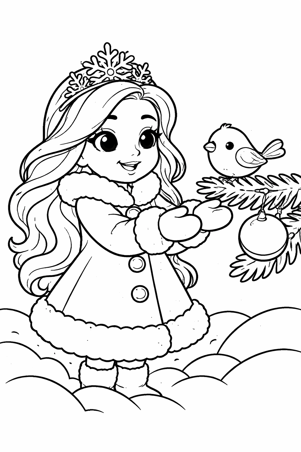 Print and color this Winter Princess coloring page, featuring a cozy princess in a snowy scene with a pine branch ornament and a tiny bird perched nearby.