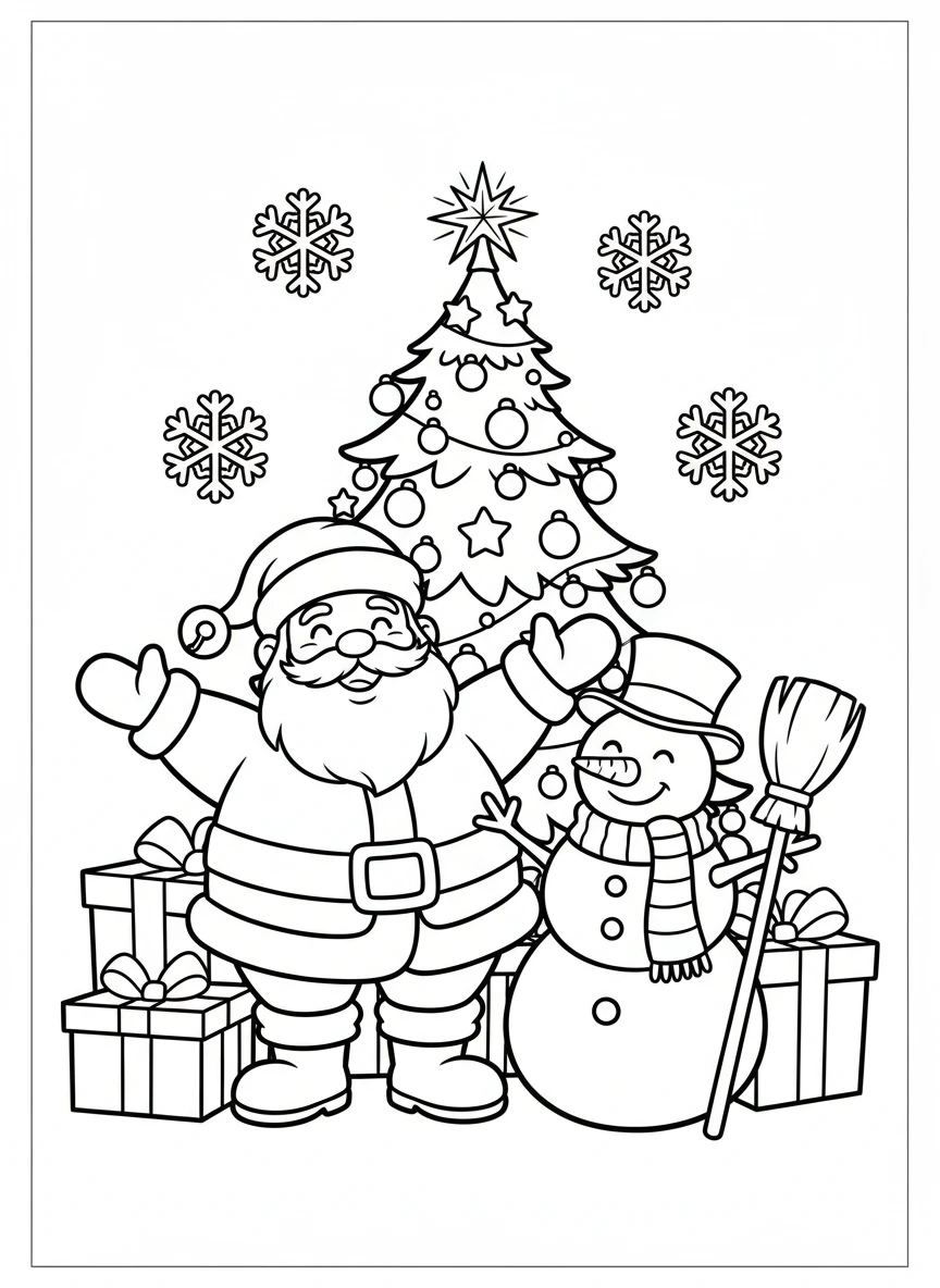 A delightful Christmas coloring page designed specifically for young children, featuring a friendly, smiling Santa Claus or a festive snowman as the central figure. This page includes a brightly decorated Christmas tree with bold ornaments, wrapped presents with big bows, and large, simple snowflakes. All elements have very thick, clear outlines and large open areas, making it perfect for easy coloring with crayons or markers.