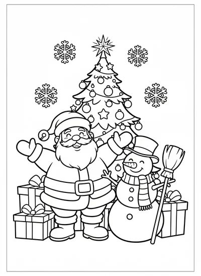 A delightful Christmas coloring page designed specifically for young children, featuring a friendly, smiling Santa Claus or a festive snowman as the central figure. This page includes a brightly decorated Christmas tree with bold ornaments, wrapped presents with big bows, and large, simple snowflakes. All elements have very thick, clear outlines and large open areas, making it perfect for easy coloring with crayons or markers.