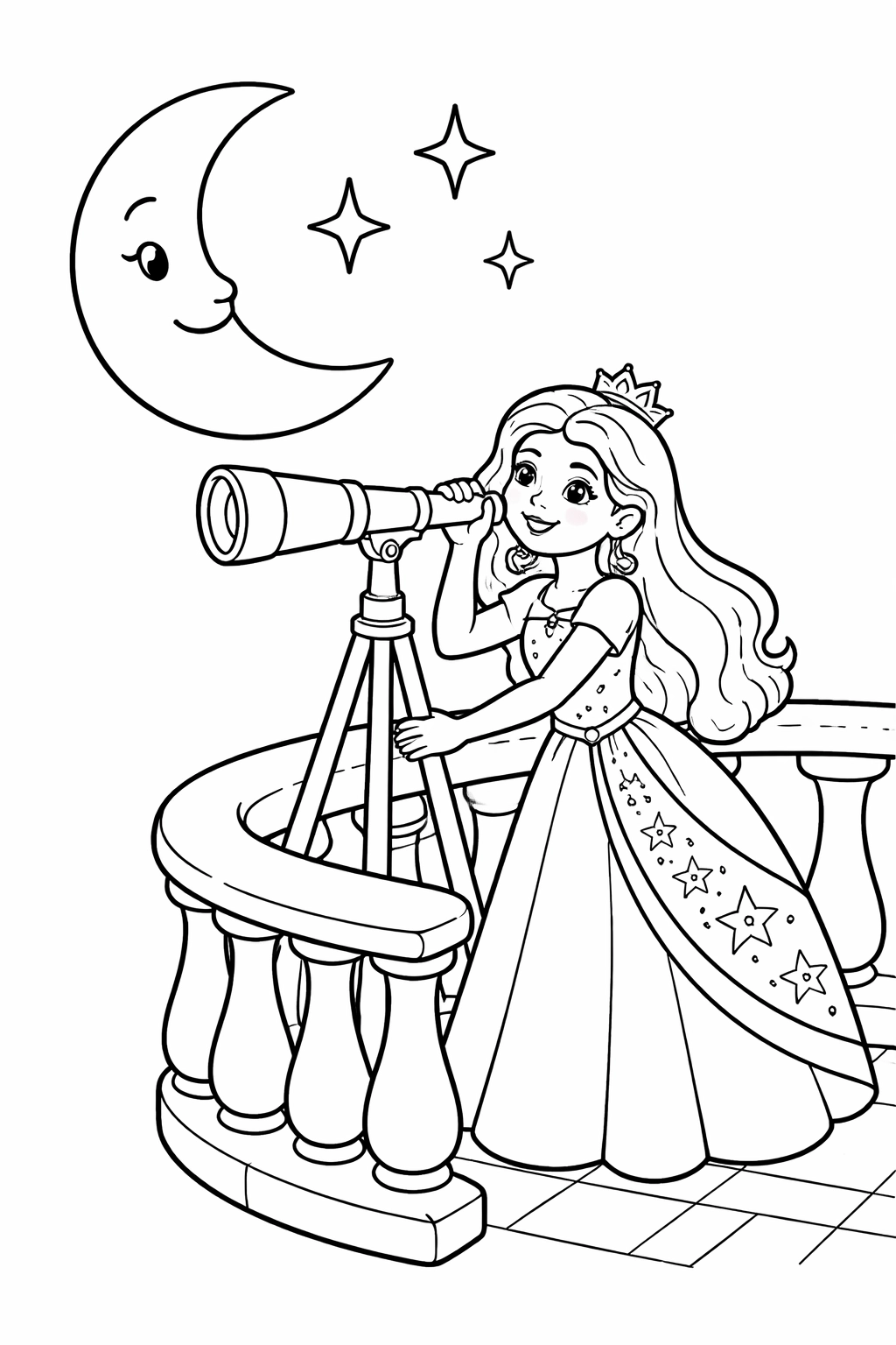 Print and color this Stargazing Princess coloring page. It features an adventurous princess on a castle balcony, gazing through a telescope at a crescent moon and three twinkling stars.