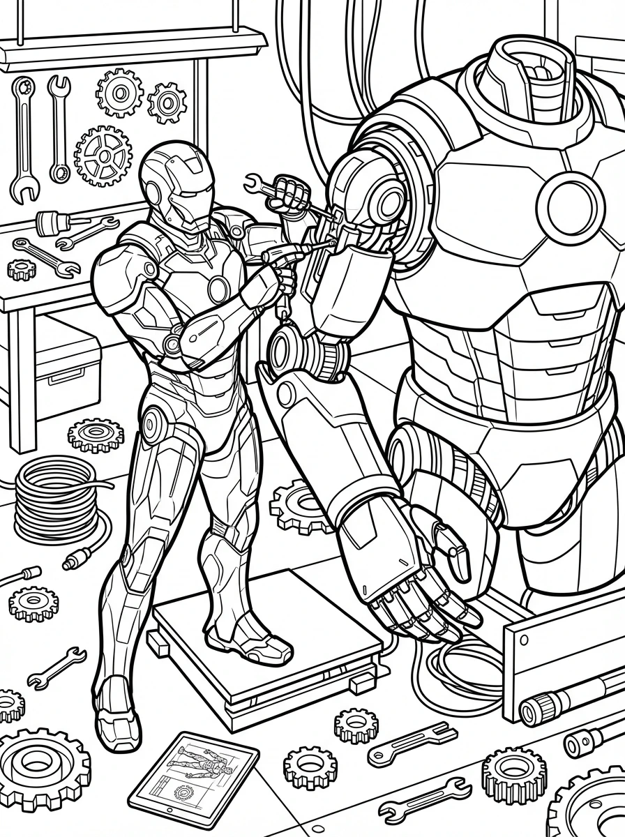 Print this fun Iron Man coloring page featuring him building a giant robot helper! Perfect for all ages to color.