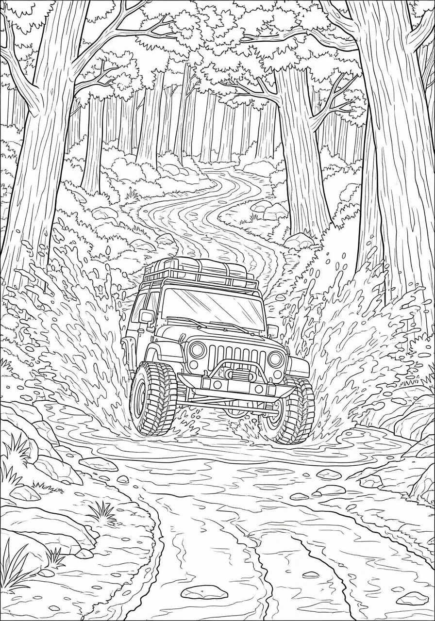 Embark on an exciting off-road journey with this printable coloring page! Grab your crayons and add vibrant colors to a jeep splashing through a muddy forest trail.