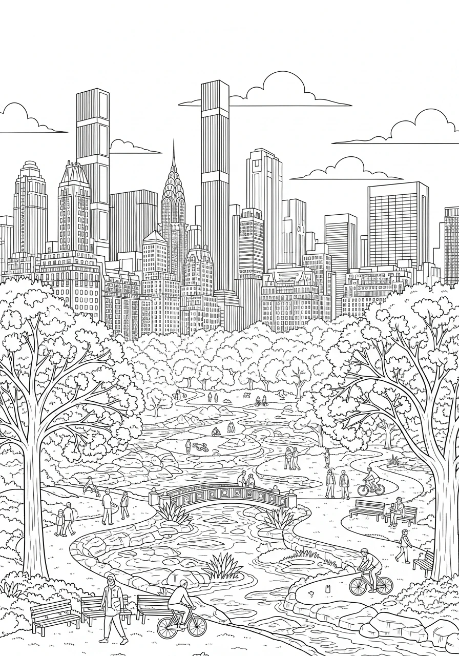 Color a beautiful scene featuring iconic Central Park set against a bustling city skyline. This printable coloring page is perfect for kids and adults to enjoy bringing a famous urban landscape to life!
