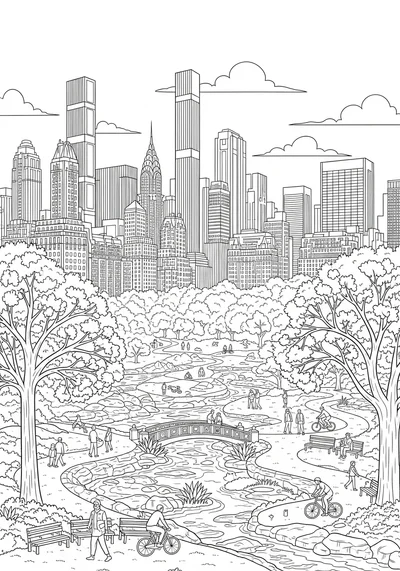 Color a beautiful scene featuring iconic Central Park set against a bustling city skyline. This printable coloring page is perfect for kids and adults to enjoy bringing a famous urban landscape to life!