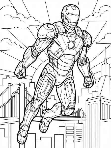 Bring the action home with this printable Iron Man coloring page! Color Tony Stark's iconic suit against a dazzling city sunset, perfect for kids and adults.