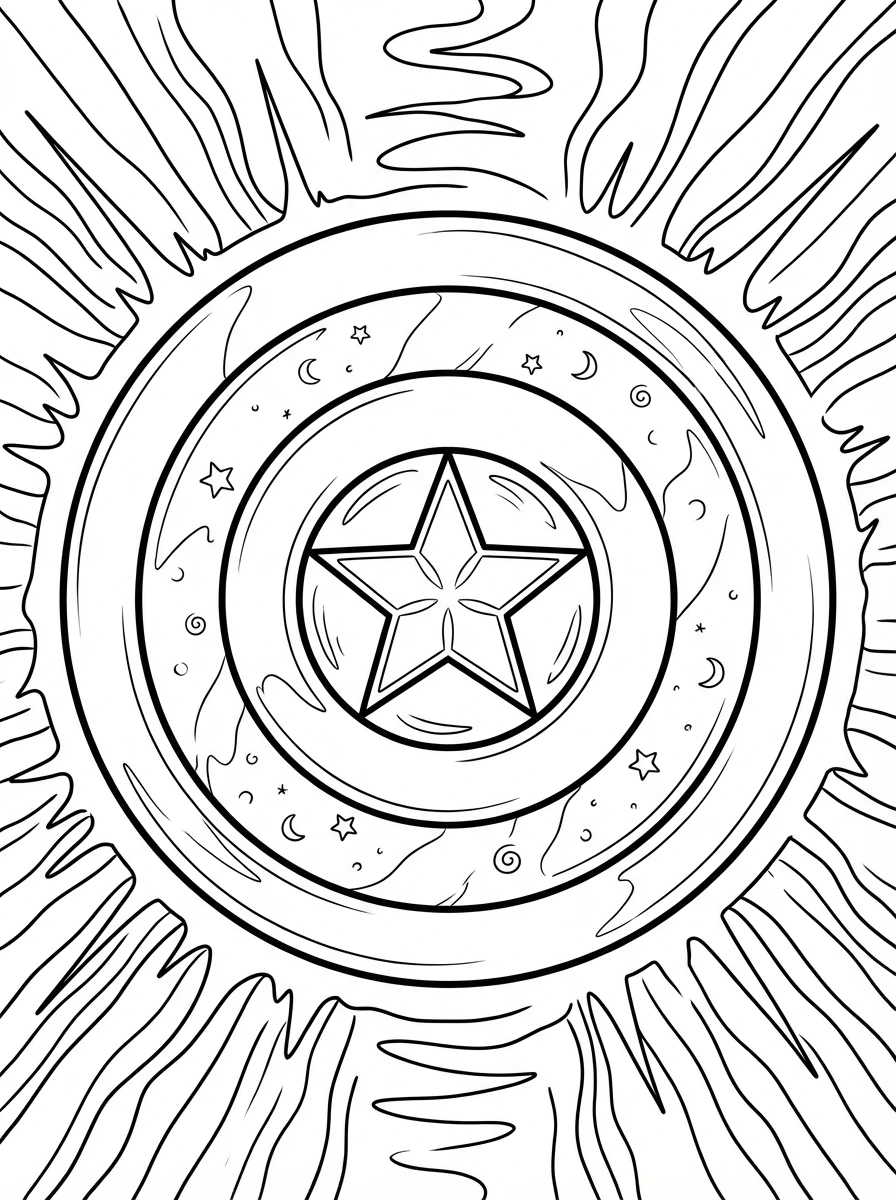 Bring Captain America's iconic shield to life with your favorite colors! This printable coloring page features the glowing shield reflecting a starry night sky, perfect for heroes of all ages to print and enjoy.