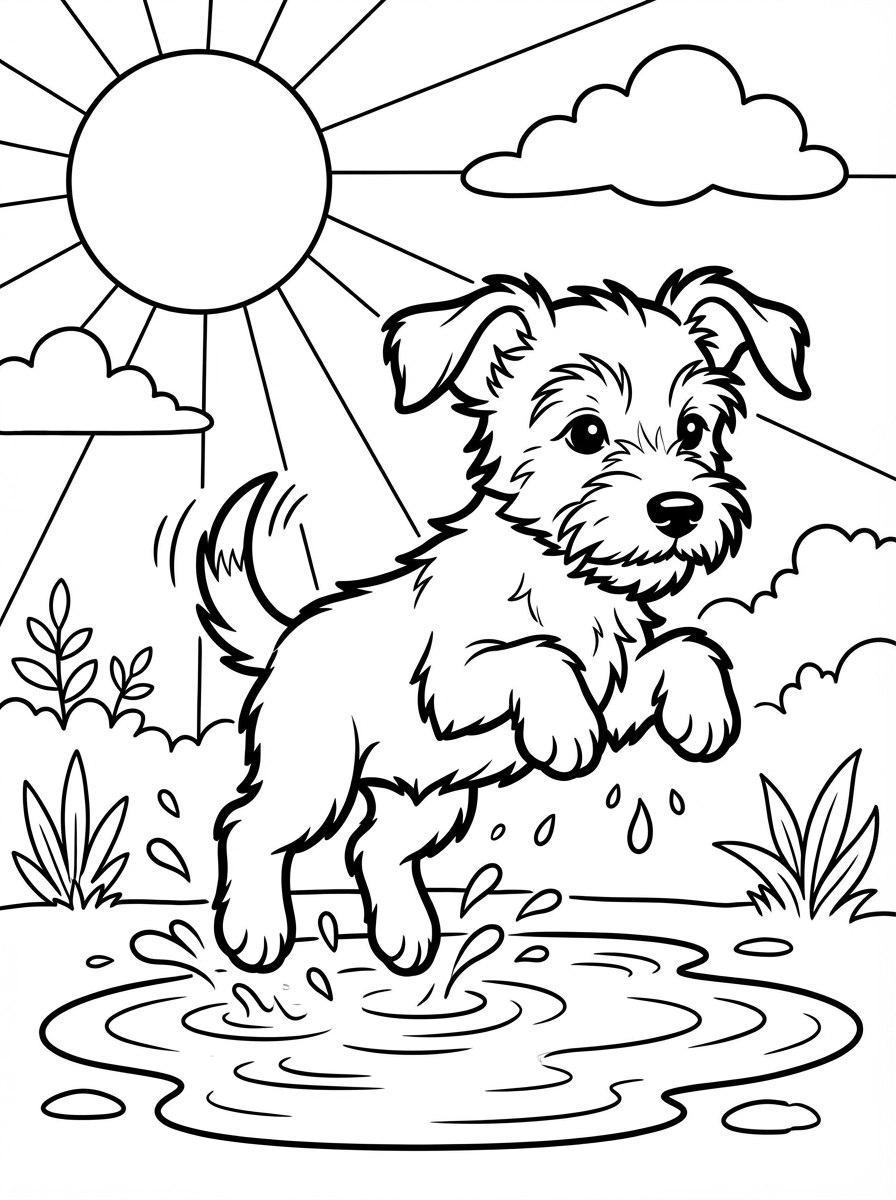 This adorable coloring page features a happy fluffy terrier puppy joyfully splashing in a cool puddle on a sunny day. Print this fun page and bring the playful scene to life with your favorite colors!