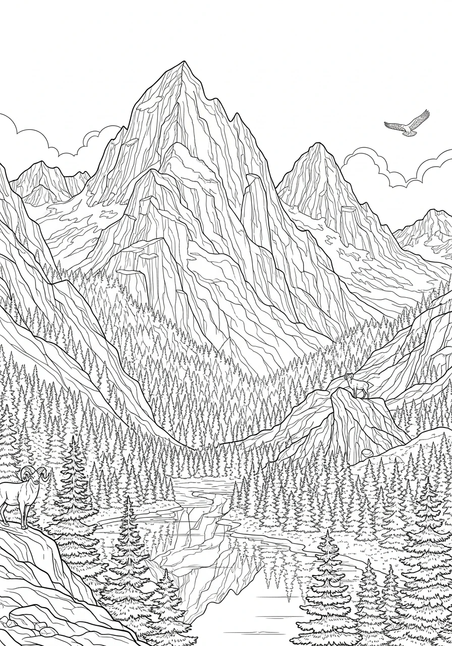 Discover the breathtaking beauty of the Canadian Rocky Mountains with this printable coloring page. Perfect for kids and adults, grab your crayons and bring majestic peaks and stunning landscapes to life!