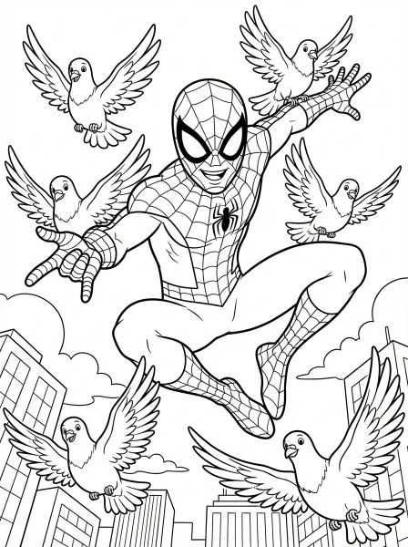 Print and color Spider-Man as he swings through the city with a flock of friendly pigeons! A fun activity for all ages.