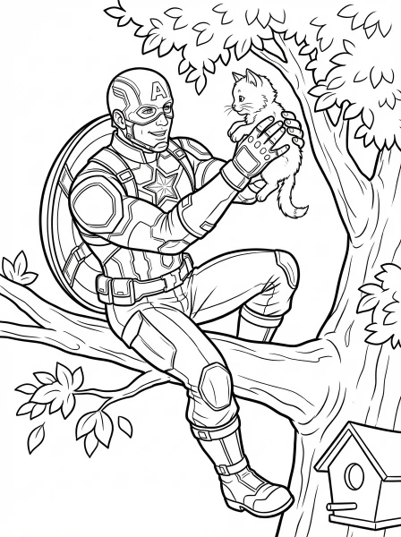 See Captain America show his gentle strength, helping a cute kitten down from a tall tree! Print and color this heartwarming superhero scene, perfect for kids and adults who love Marvel and animal rescues.