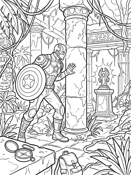 Join Captain America on an exciting quest as he explores a mysterious jungle temple in search of an ancient artifact! Print and color this action-packed page to bring his adventure to life.