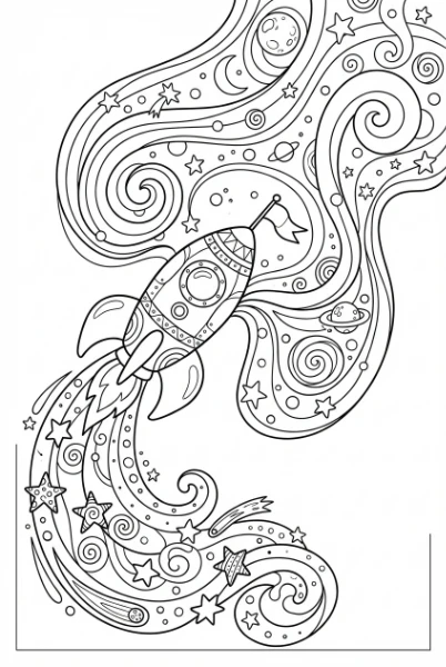 Blast off on an adventure with this whimsical rocket ship coloring page! Perfect for printing and coloring, it features a spaceship zipping through a vibrant nebula.
