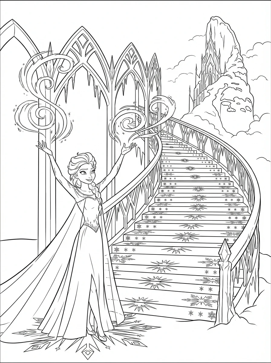 Dive into the enchanting world of Arendelle by coloring Queen Elsa as she conjures a sparkling ice staircase leading to her majestic palace. Print this magical Frozen scene for kids and adults to enjoy!