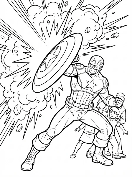 Color this thrilling Captain America page! He's using his mighty shield to block a powerful blast. Print it out and bring this heroic moment to life with your favorite colors.