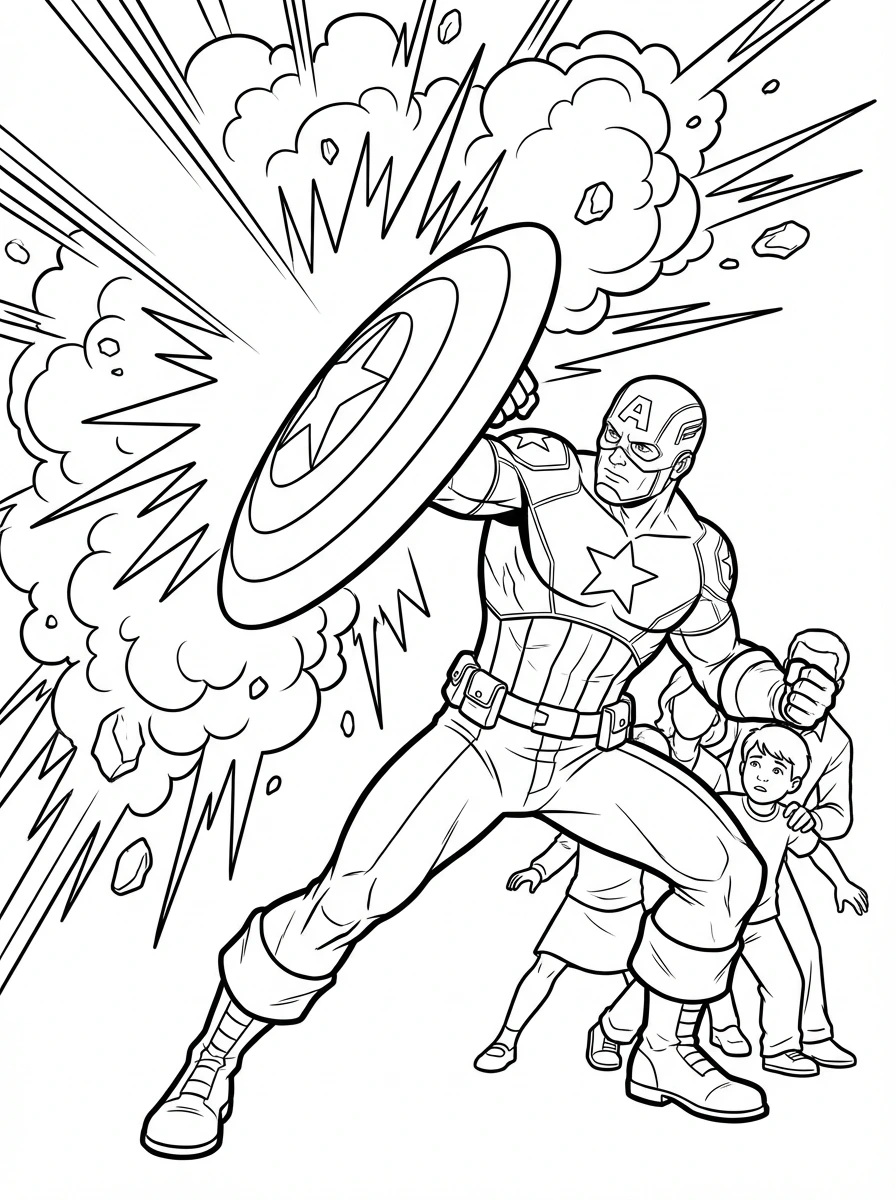 Color this thrilling Captain America page! He's using his mighty shield to block a powerful blast. Print it out and bring this heroic moment to life with your favorite colors.