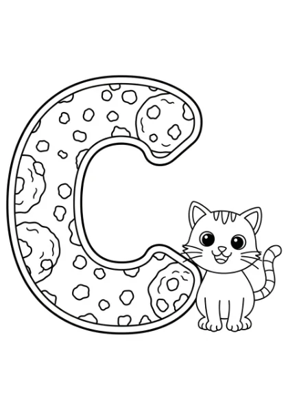Print and color the delightful letter 'C' crafted from sweet cookies, accompanied by a happy, playful cat! This easy coloring page with bold shapes is perfect for toddlers and young children.