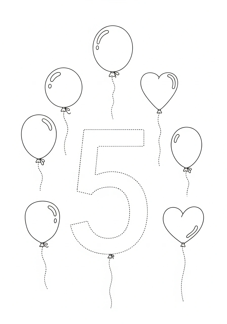 Learn and color with our fun Number 5 worksheet! This printable page features a dotted outline of the number 5, surrounded by five cute balloons, perfect for tracing, counting, and creative coloring.