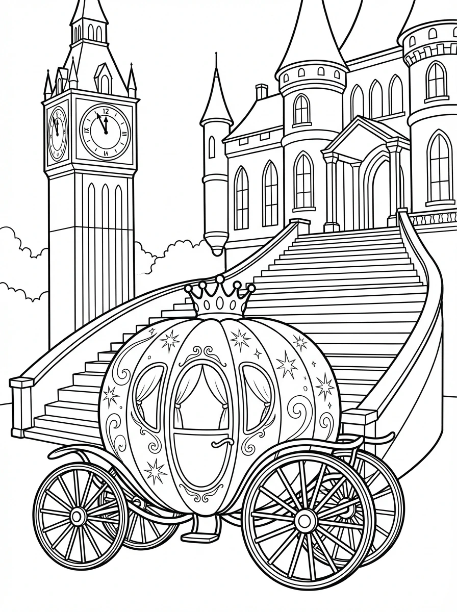 Print and color this enchanting scene of Cinderella's magical pumpkin carriage waiting at the grand palace steps as midnight approaches. Bring this classic Disney moment to life with your favorite colors!