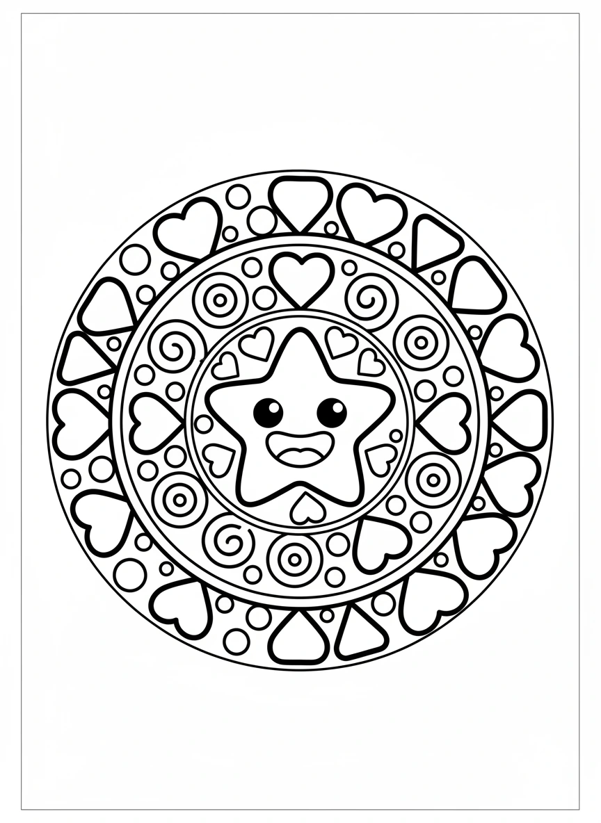 A cheerful and simple mandala coloring page for kids, featuring thick, bold outlines and large, easy-to-color sections. Enjoy a happy star or flower central motif radiating into chunky petals, big swirls, and rounded geometric shapes, perfect for young artists.