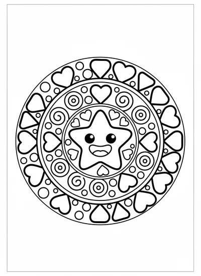 A cheerful and simple mandala coloring page for kids, featuring thick, bold outlines and large, easy-to-color sections. Enjoy a happy star or flower central motif radiating into chunky petals, big swirls, and rounded geometric shapes, perfect for young artists.