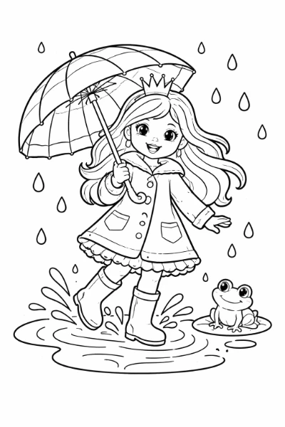 Print this Rainy Day Princess coloring page to color a happy princess in a raincoat and tall boots, carrying a striped umbrella as she splashes in a puddle with a friendly frog nearby. Perfect for kids and adults to print, color, and enjoy a relaxing creative activity.