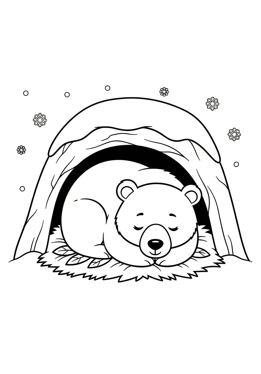 Discover the quiet world of winter with this printable coloring page featuring a cozy bear hibernating. Kids will love bringing this winter scene to life with their favorite colors!