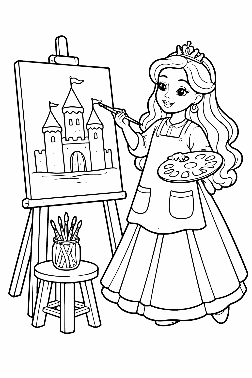Meet The Artist Princess as she paints a castle on her easel. This printable coloring page invites kids and adults to print, color, and enjoy a magical creative moment.