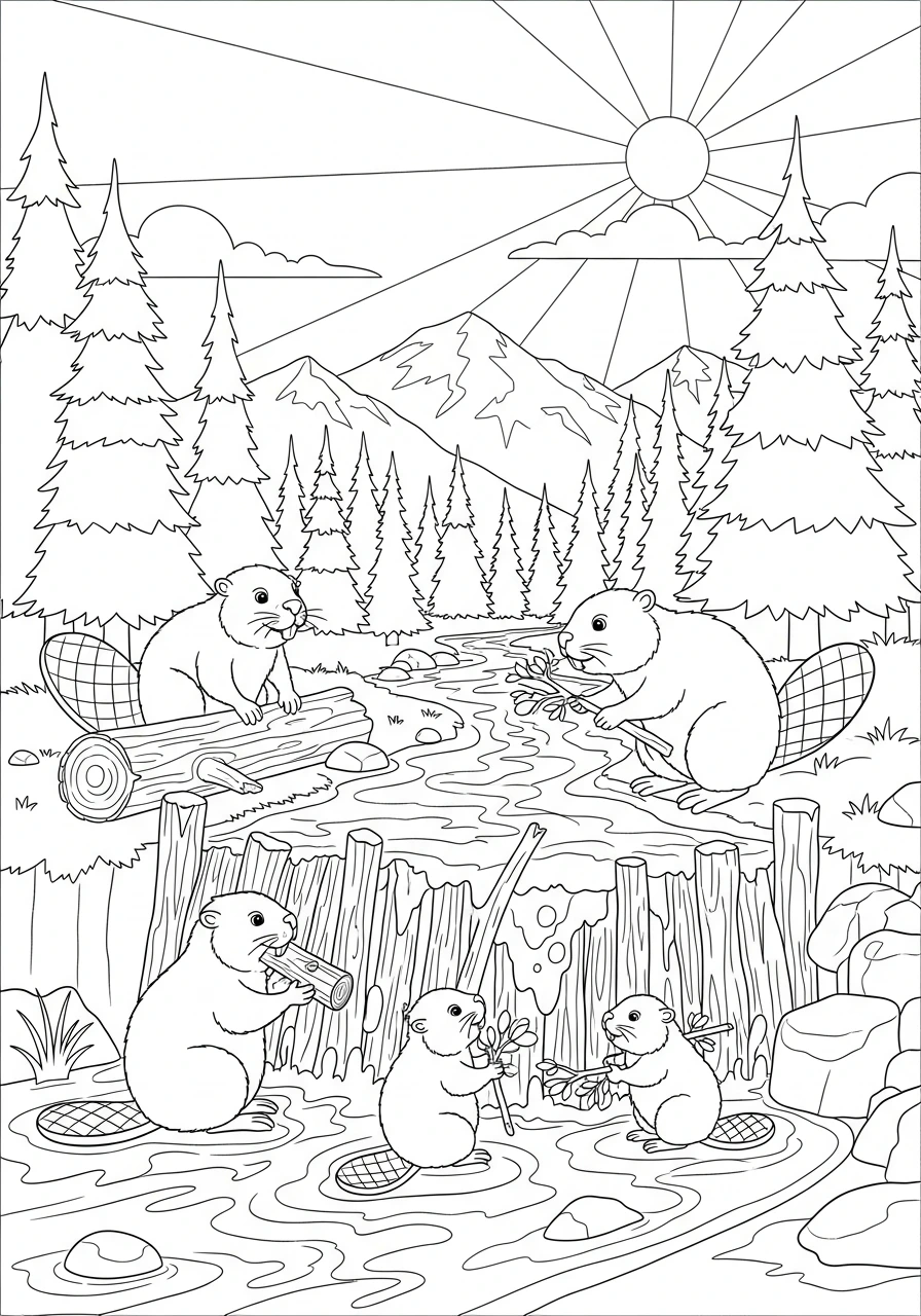 Color a charming scene of a friendly beaver family hard at work building their dam in a beautiful Canadian river landscape. This printable coloring page is perfect for nature lovers of all ages to enjoy.