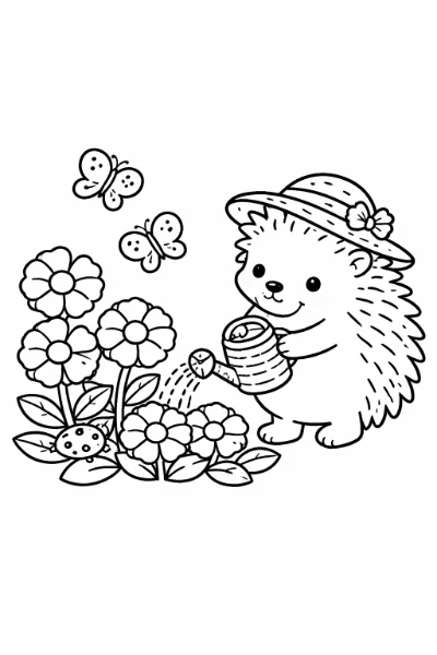 Print this charming Garden Adventures coloring page featuring Hazel the hedgehog in a sunhat, watering flowers as butterflies circle above and a ladybug rests nearby. Perfect for kids and adults to print, color, and enjoy a relaxing coloring activity.