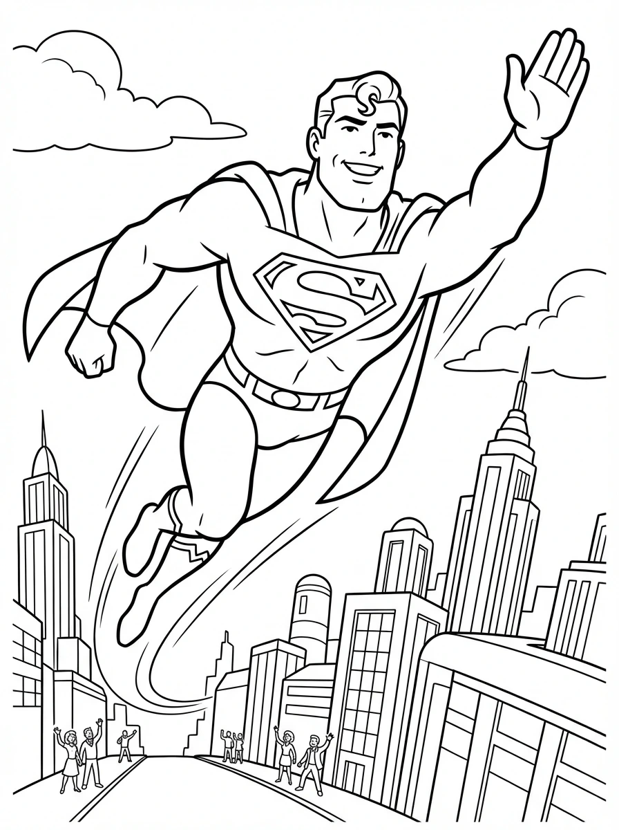 Color this exciting printable page featuring Superman soaring high above Metropolis with a friendly smile, waving to the tiny citizens below. A fun activity for kids and adults!