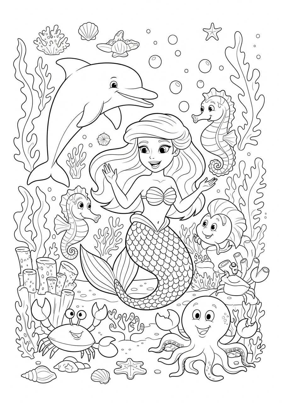 Dive into an underwater adventure with this enchanting coloring page featuring a cartoon mermaid and her adorable friends! Perfect for kids and adults, simply print and enjoy bringing this magical scene to life with your favorite colors.