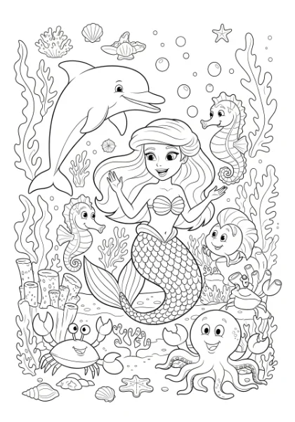 Dive into an underwater adventure with this enchanting coloring page featuring a cartoon mermaid and her adorable friends! Perfect for kids and adults, simply print and enjoy bringing this magical scene to life with your favorite colors.