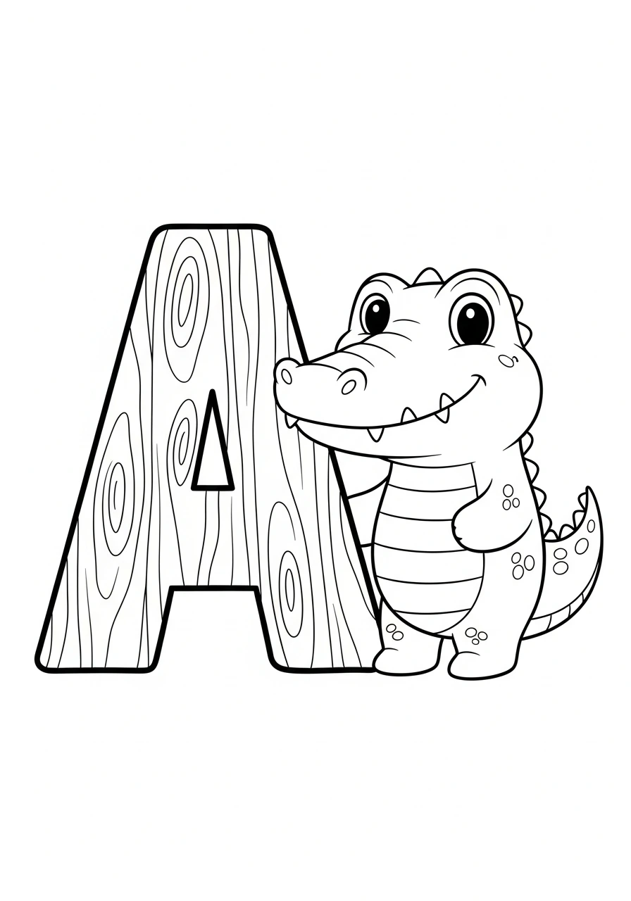 Introduce the letter 'A' to your little one with this fun printable coloring page! It features a friendly alligator next to a bold, wooden-textured 'A', designed with simple shapes perfect for toddlers to color.