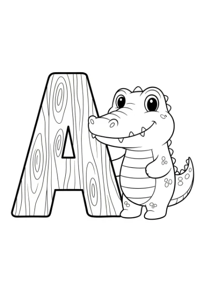 Introduce the letter 'A' to your little one with this fun printable coloring page! It features a friendly alligator next to a bold, wooden-textured 'A', designed with simple shapes perfect for toddlers to color.
