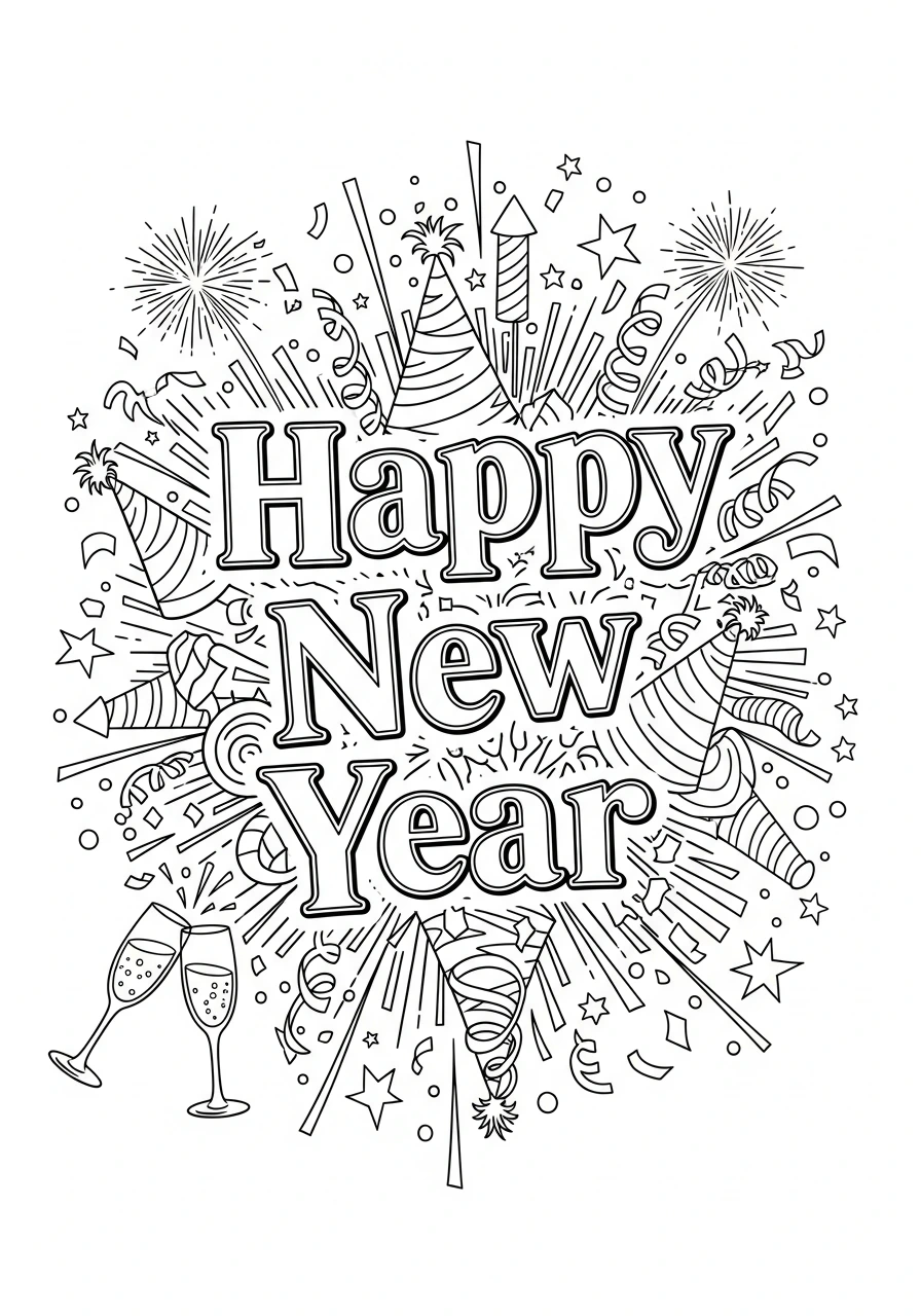 Get ready to celebrate the New Year with this fun coloring page! Featuring happy fonts, confetti, and festive elements, it's perfect for kids and adults to print and color.