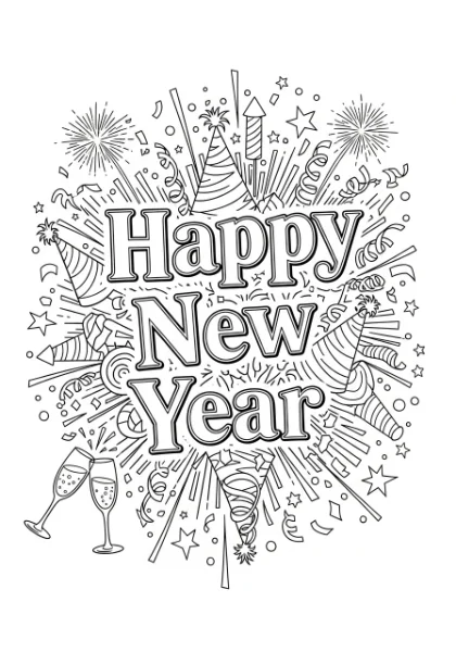 Get ready to celebrate the New Year with this fun coloring page! Featuring happy fonts, confetti, and festive elements, it's perfect for kids and adults to print and color.