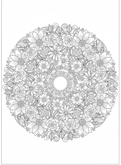 Discover an intricate and highly detailed floral mandala coloring page, perfect for mindful coloring. This symmetrical design features a harmonious arrangement of blooming flowers like lotuses, roses, and daisies, intertwined with delicate leaves and swirling vines, all radiating from a central point. With crisp, clean black outlines and Zentangle-inspired complexity, it's ready for print and provides high contrast, ideal for stress relief and creativity.