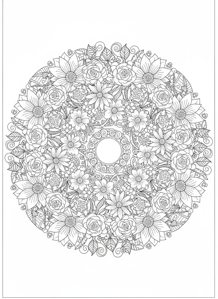 Discover an intricate and highly detailed floral mandala coloring page, perfect for mindful coloring. This symmetrical design features a harmonious arrangement of blooming flowers like lotuses, roses, and daisies, intertwined with delicate leaves and swirling vines, all radiating from a central point. With crisp, clean black outlines and Zentangle-inspired complexity, it's ready for print and provides high contrast, ideal for stress relief and creativity.