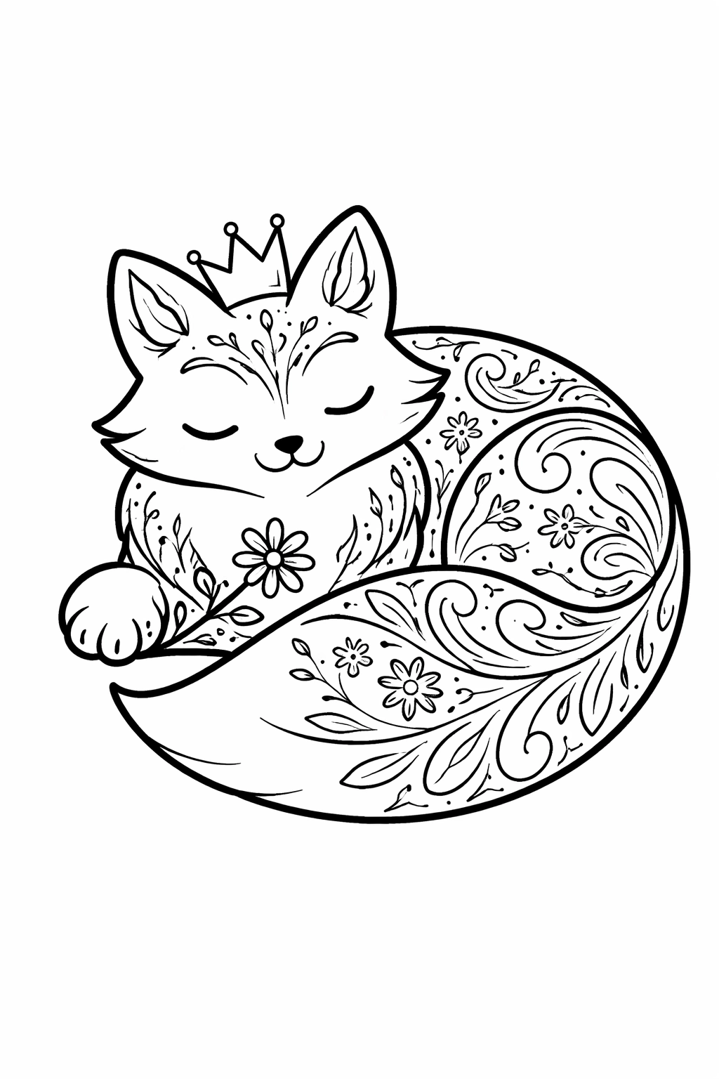 Printable adult coloring page featuring a content fox curled into a neat circle with ornamental swirls, tiny blossoms, and paisley leaves, a paper crown tipping jauntily and a wildflower by its paws. Print and color for a calming, detailed art project ideal for relaxation and decorative keepsakes.