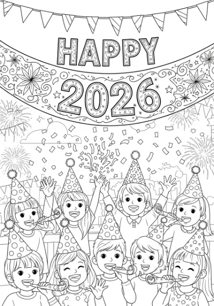 Get ready to celebrate with this fun New Year 2026 coloring page! Print and color happy kids wearing party hats, blowing noisemakers, and tossing confetti under a sparkling 'Happy 2026' banner.