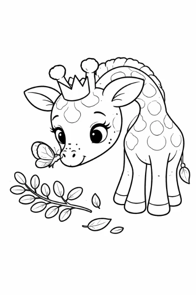 Printable coloring page of a sweet young giraffe with a paper crown gently sniffing a cheerful butterfly on its nose, set with an acacia branch and floating leaves for a simple, playful scene. Kid-friendly and suitable for kids and adults to print and color for fun or relaxation.
